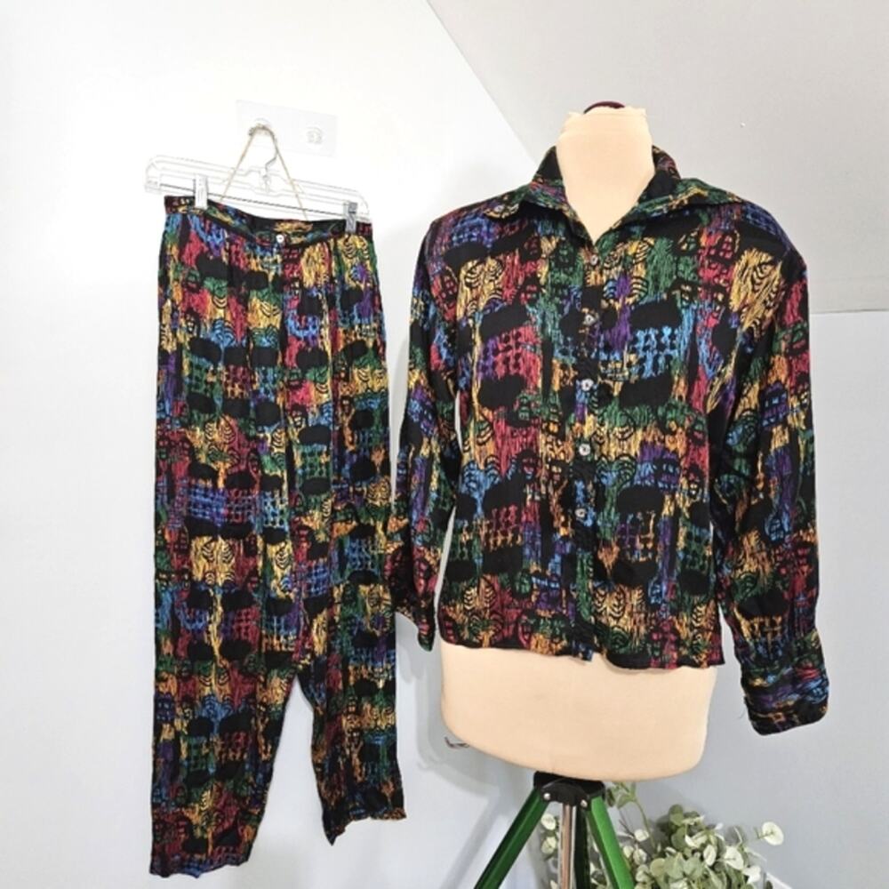 Vintage Gil Ambez Knits 2 Piece Set Abstract Tribal Shirt Pants Sz 10 Outfit Y2K